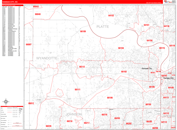 Kansas City City Wall Map Red Line Style